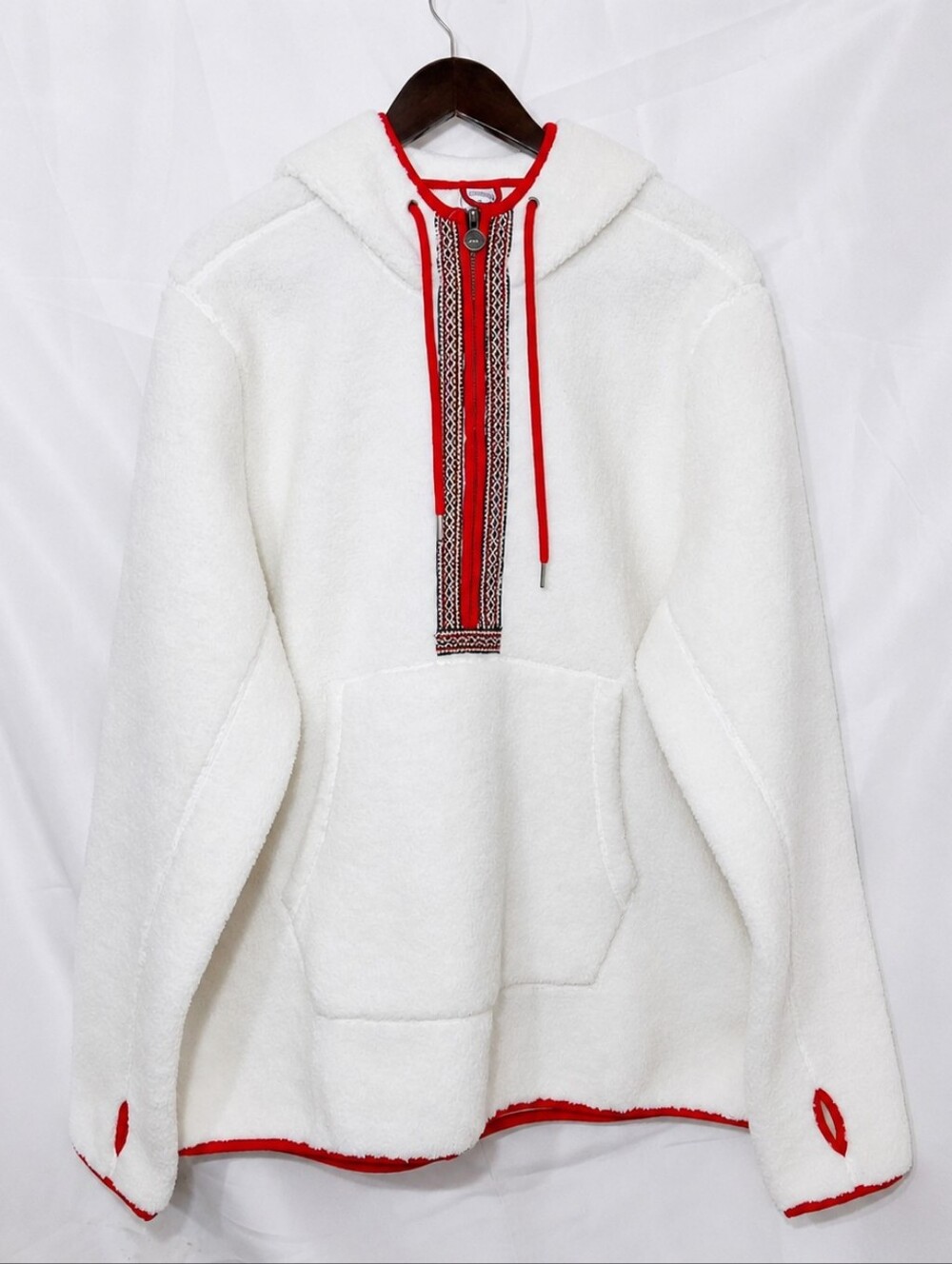 Brooks Brothers Teddy Sherpa Fleece Hoodie XL White Red Trim Pullover Jacket NEW